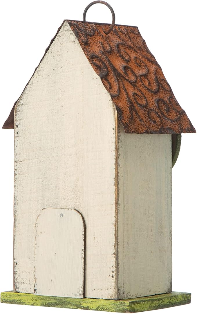 Glitzhome 9.7" H Hanging Birdhouse for Outdoor Patio Garden Decorative Pet Cottage Wooden Distressed Birdhouse, Leaves Rustic White