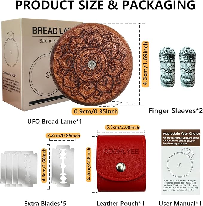 Bread Lame Sourdough Scoring Tool - Wooden Lame Bread Scoring Tool with 5 Razor Blades and Leather Storage Cover - UFO Bread Lame Dough Scoring Tool for Bread Baking