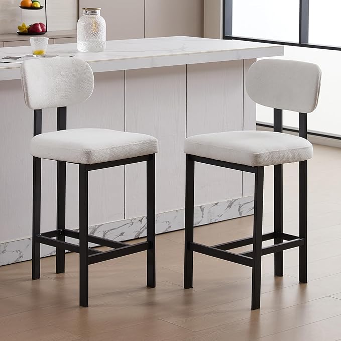 Modern Counter Stools Set of 2, 26" Upholstered Barstools with Back, Sturdy Black Metal Legs Dining Stools with Footrest for Home Pub Kitchen, Cream