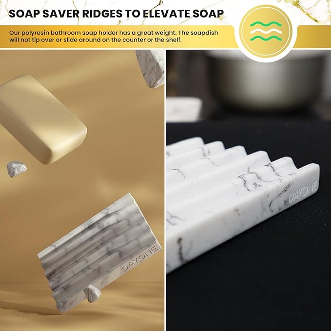 DAY1 Marble Soap Dish Tray โ Bathroom Sink Soap Holder, Vanity Tray, Brush Organizer, Decorative Resin Dish for Kitchen, Countertop, Bathtub, Bar Soap, Sponges, Paint Brushes (White)
