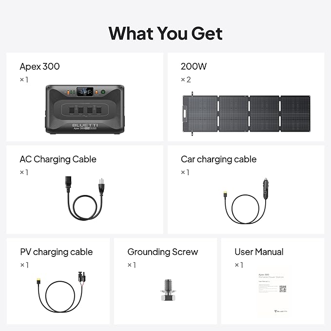 BLUETTI Apex 300 Solar Generator (2025 New) with 2 200W Solar Panels, 2764.8Wh LFP Battery Backup with 6 3840W AC Outlets (7680W Surge), 120V/240V Dual Voltage, Ideal for Camping and Off-Grid Living
