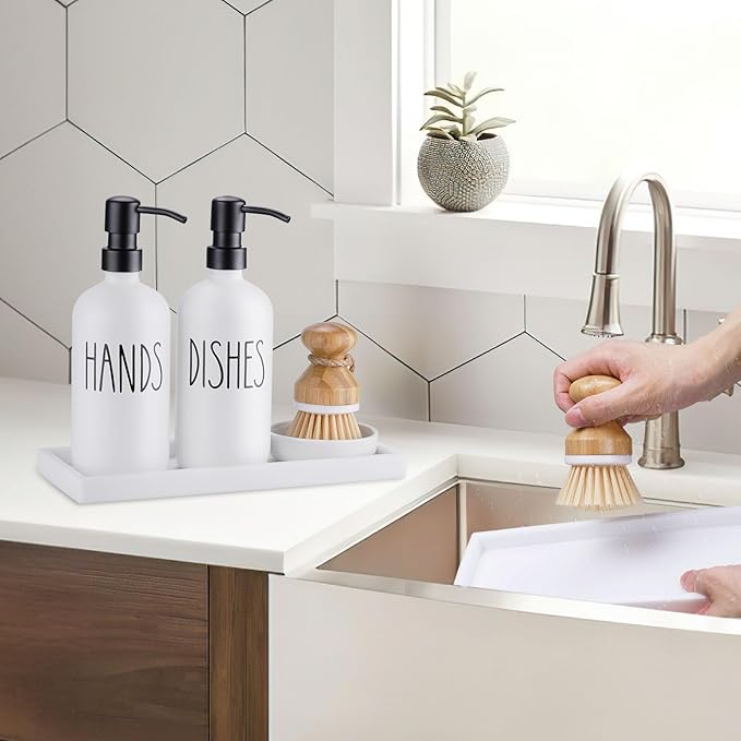 Glass Soap Dispenser for Kitchen, Farmhouse Dish Hand Soap Dispenser Set, Rustproof Pump Dispenser Set with Tray and Dish Brush, Kitchen Decor(White)