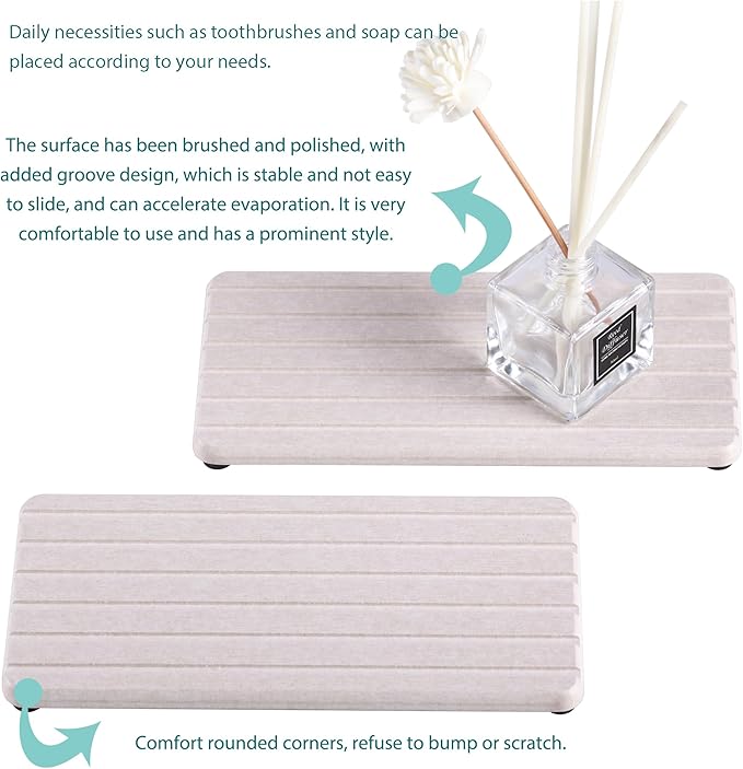 2 PCS Water Absorbent Diatomite Coasters Rectangle, Grooved Design, Water Absorbing Stone Used for Hand Soaps & Plants & toiletries in The Modern Home