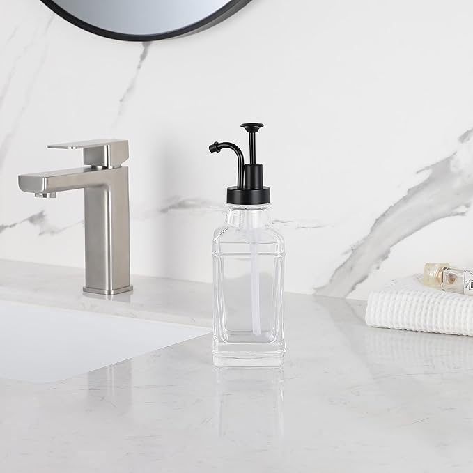 Clear Glass Soap Dispenser with Matte Black Dispenser Pump, Modern Refillable Pump for Bathroom, Kitchen, or Office, Elegant Accent Piece for Interior Decoration
