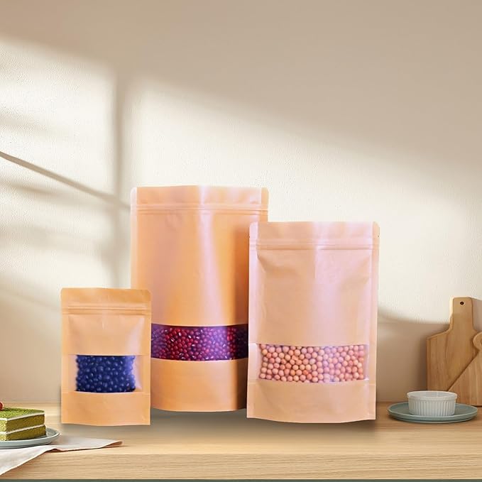 50 Pcs 5.5" x 8" Kraft Paper Bags with Window,Reusable Small Stand Up Pouches for Food Storage,Resealable Zipper Packaging Bags for Small Business, Coffee, Candy, Cookie, Snacks, Tea