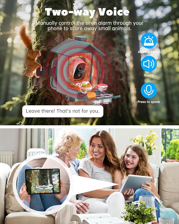 Smart Bird Feeder Camera Solar Powered, 2K Video Birdfeeder with Camera for Outdoor, 2.4Ghz WiFi AI Recognition Bird Cam, Instant Arrival Alert, IP65 Full Waterproof, Xmas Gifts for Birdlover Dad Mom
