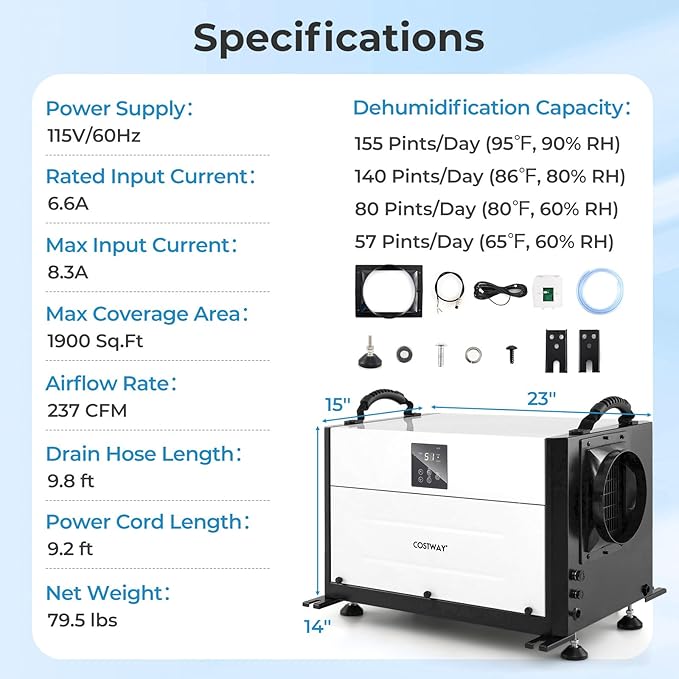 COSTWAY 155 PPD Commercial Dehumidifier, 1900 Sq.Ft Crawl Space Dehumidifier with 9.8 FT Drain Hose & Wired Remote Control Panel, Ideal for Basement, Warehouse (White)