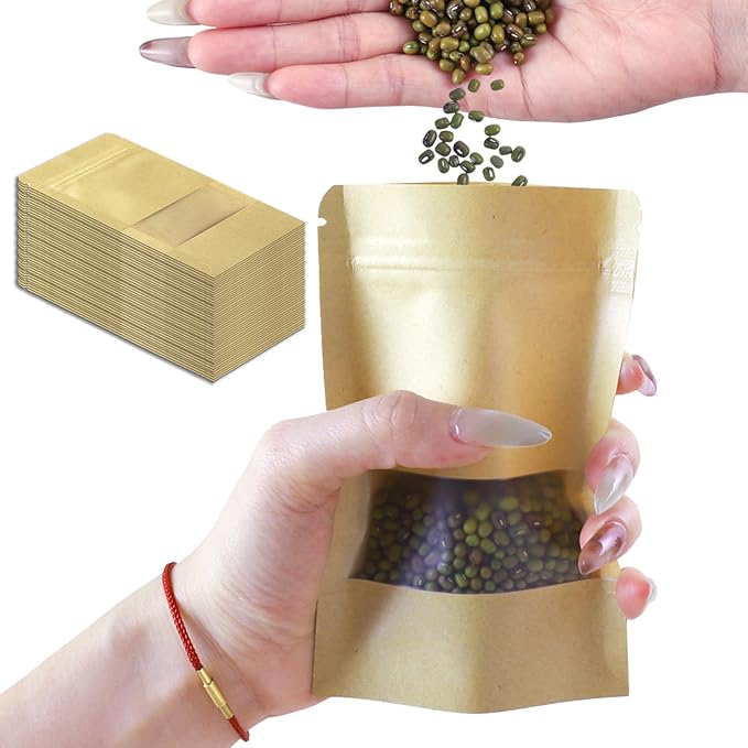 100 PCS Resealable Bags, Stand Up Kraft Paper Bags with Matte Window, Zipper Lock Food Storage Bags for Small Business and Home, 3.5 * 5.5 Inches Reusable Sealable Bags for Packaging