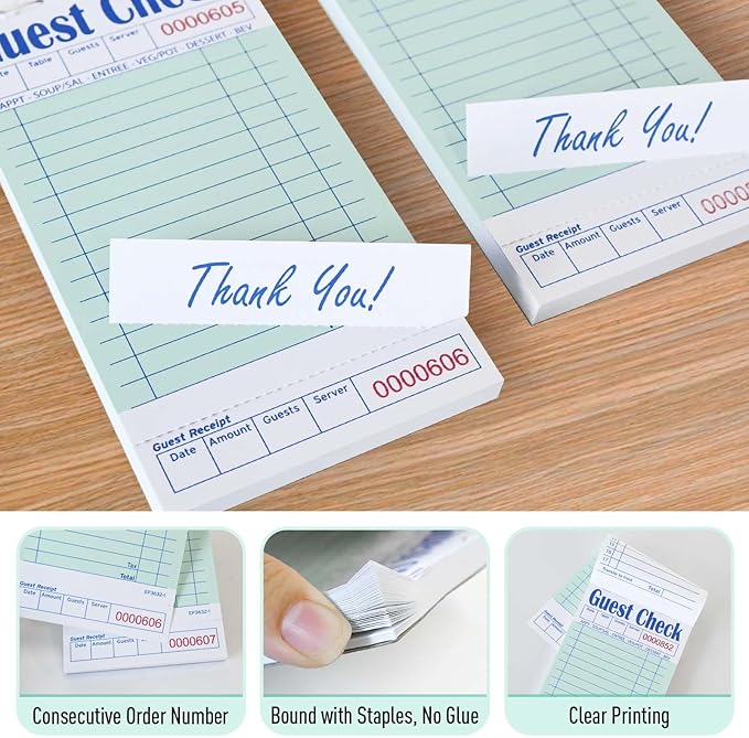 DGBDPACK 6 Guest Checks for Servers, Server Note Pads, Waiter Checkbook, Waitress Notepad for Restaurants, 50 Sheets/Pack, 300 Total Tickets,Thin Paper Checks