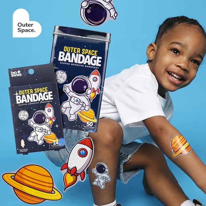 BioSwiss Kids Bandages, Outer Space Shaped Self Adhesive Bandage Set, Latex Free, Sterile Wound Care, 50 Count