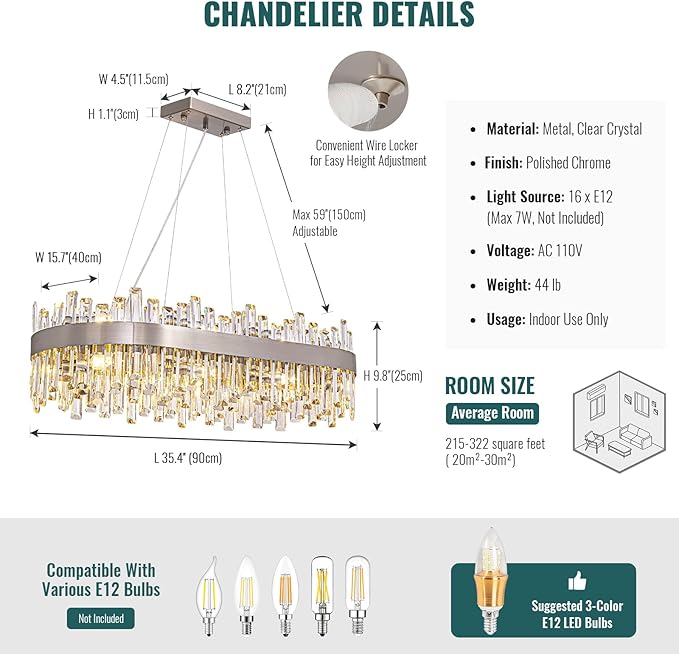 Siljoy Rectangular Crystal Chandelier for Dining Room, 16 Lights Modern Chrome 2-Tiers K9 Crystal Raindrop Chandelier Oval Dimmable Pendant Ceiling Light for Kitchen Island Bar L35.4 Inch