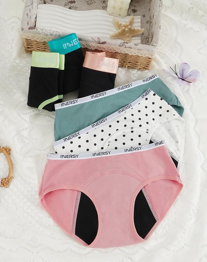 INNERSY Period Underwear for Teens Girls Cotton Leak-Proof Menstrual Panties 3-Pack