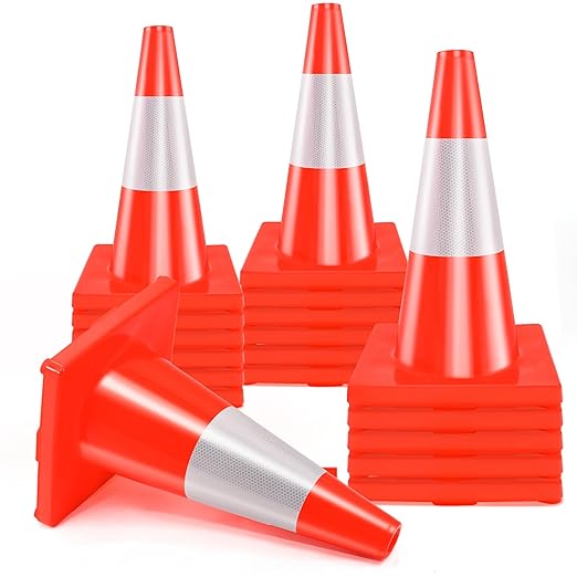 RELIANCER 8PCS 18" Traffic Cones PVC Safety Road Parking Cones Weighted Hazard Cones Construction Cones for Traffic Fluorescent Orange w/4" Reflective Strips Collar