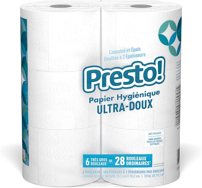 Amazon Brand - Presto! 2-Ply Ultra-Soft Toilet Paper, 12 Family Mega Rolls = 60 regular rolls, 6 Count (Pack of 2), Unscented, White