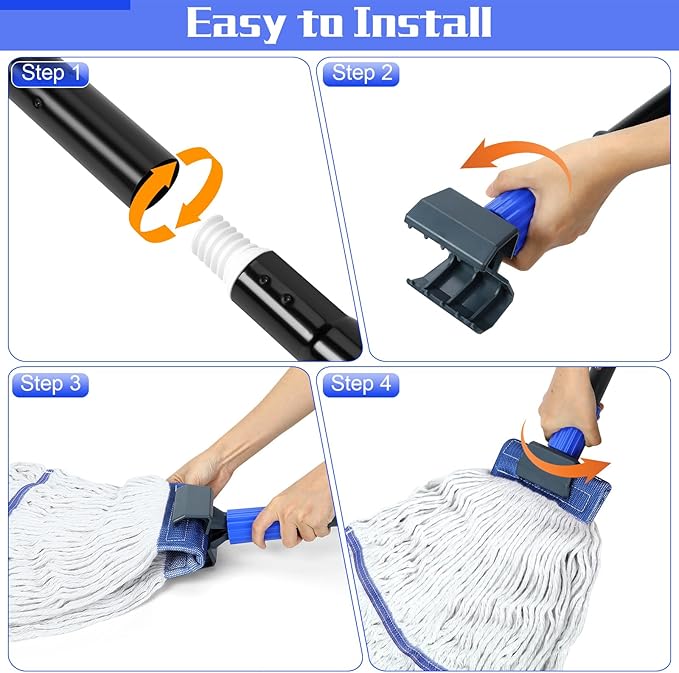 BUVE Commercial Heavy Duty Industrial Cotton Mop with Long Handle for Floor Cleaning, Looped-End String Wet Mop for Home, Garage, Office, Workshop, Warehouse
