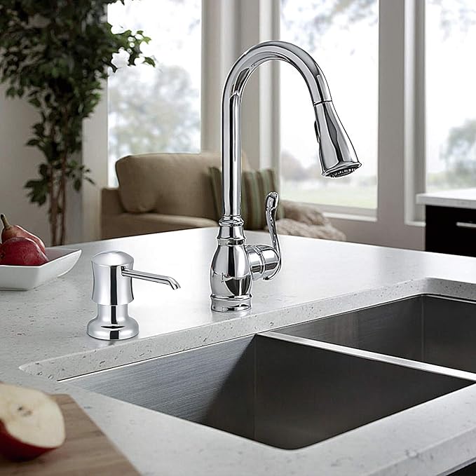 SAMODRA Built in Kitchen Sink Soap and Chrome Lotion Dispenser Built in Design for Counter Top with Large 12 OZ Liquid Soap Bottle