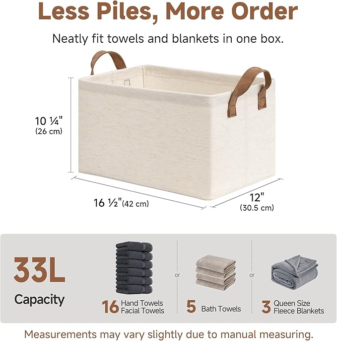 StorageWorks Storage Bins, Shelves Baskets for Organizing, Large Fabric Closet Organizers with Handles, Metal Frame, Beige(Cotton-linen), 2-Pack
