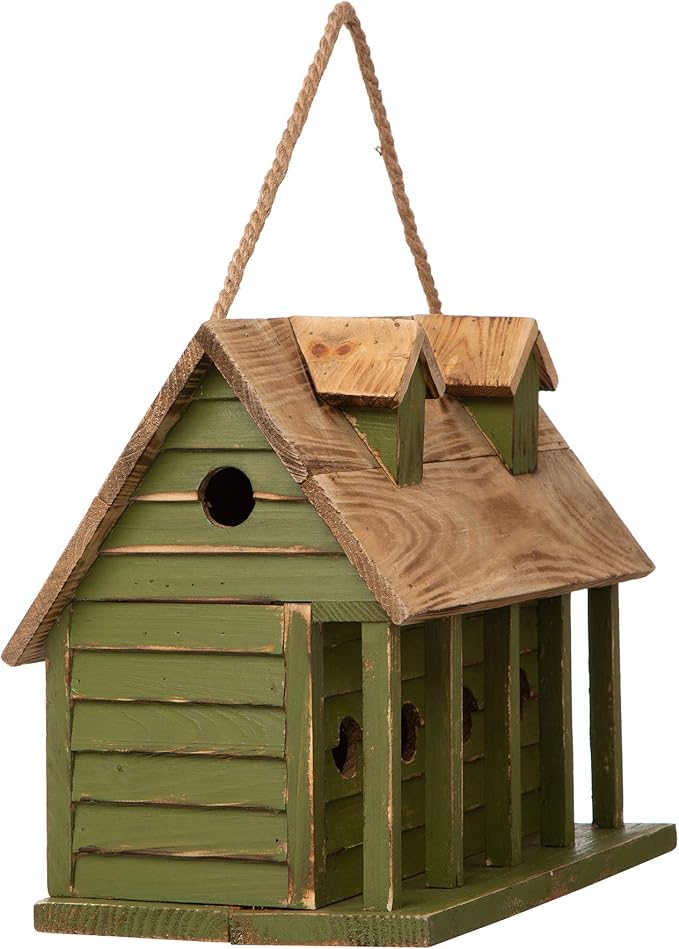 Glitzhome 14.25”L Wood Hanging Birdhouse for Outdoors Oversized Distressed Cottage Bird House Rustic Painted Bird House for Bluebird Wren Chickadee Sparrow Bird Nest Box for Garden Patio, Green
