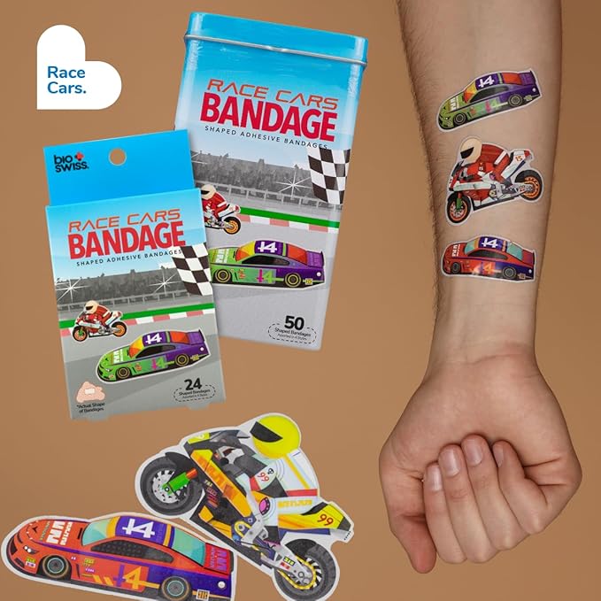 BioSwiss Kids Bandages, Race Cars Shaped Self Adhesive Bandage Set, Latex Free, Sterile Wound Care, 50 Count