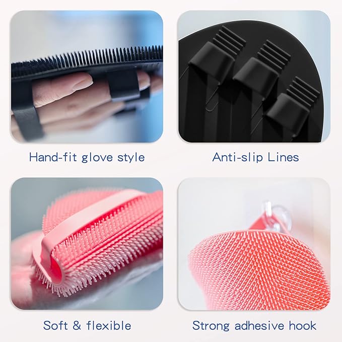 Manmihealth Silicone Back Scrubber & Soft Bath Glove Set 4 PCS(Thin Bristles), Super-Exfoliating Body Scrubber & Super-Lathering Shower Brush Combination, with 2 Free Hooks (Gray)