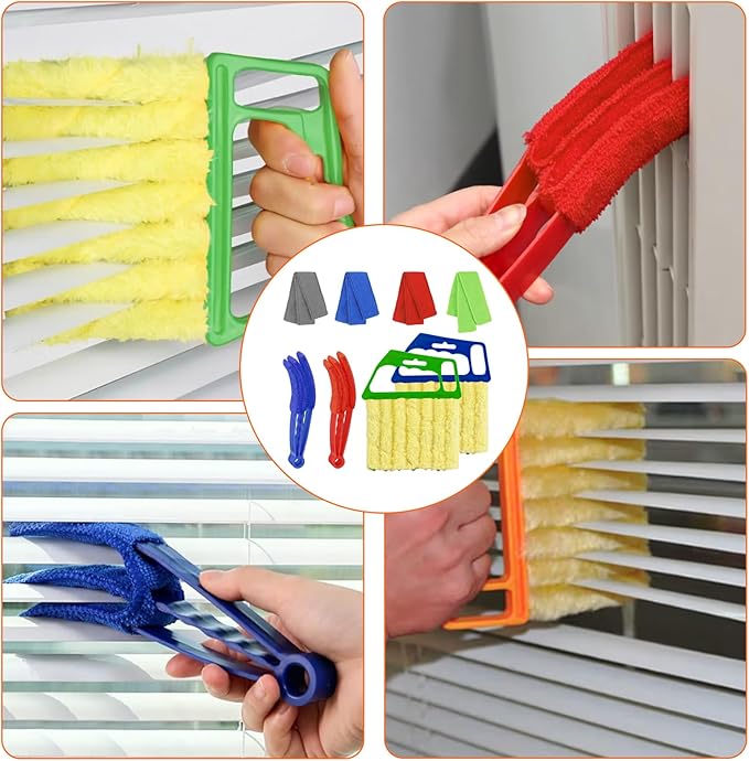 4pcs Window Venetian Blind Cleaner Duster Tool,Blind Duster for Cleaning,Microfiber 7Finger Duster Brush Dusting Cleaner Tool ,for Window Shutters Air Conditioner,with 4 Cloth Cover(Blue/Green)