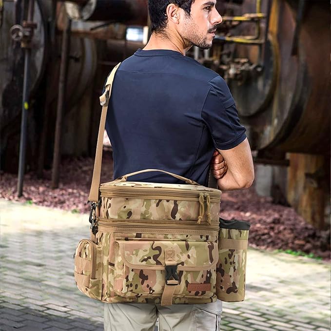 Tactical Lunch Bag for Men Expandable Double Deck Insulated Lunch Box Leakproof Large Capacity Thermal Cooler Bag with MOLLE Water Bottle Pouch for Adults for Work Picnic Camping(Camouflage)