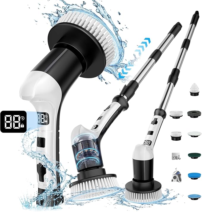 Electric Spin Scrubber with 3 Speed, Adjustable Extension Handle, 8 Brush Heads,Cordless Power Cleaning Brush for Bathroom, Tile, Kitchen-Black