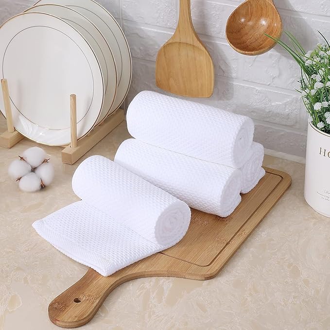 Kitinjoy 100% Cotton Waffle Weave Kitchen Towels, 12-Pack Super Soft and Absorbent Dish Towels for Drying Dishes, Kitchen Hand Towels, 13 in x 28 in, White