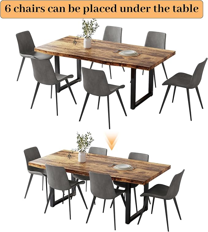 63" Dining Table and Chair Set for 6, MDF Board Kitchen Table Set with Thick Cushion Dining Chairs Set of 6, Mid-Century Dining Room Table, Saving Space