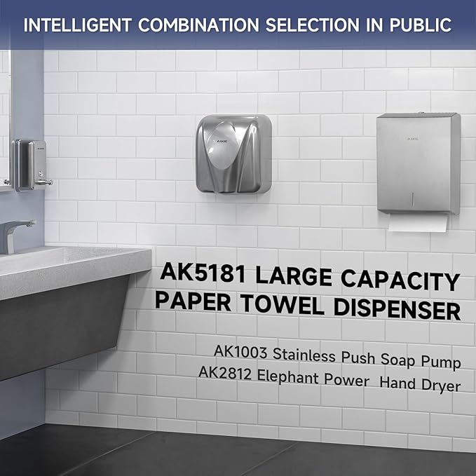 AIKE 400 Sheets Stainless Steel Multifold Commercial Wall Mount Paper Towel Dispenser, with Lock, Brushed AK5181 (Folded Size 10.6"x3.9" or Smaller)