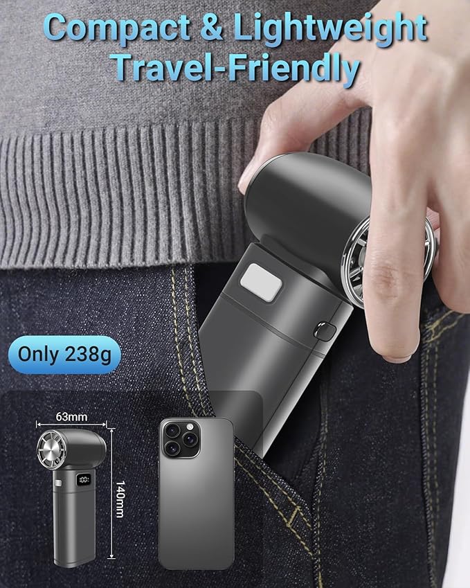 Handheld Mini Turbo Fan 120000RPM 6-Speed Turbo Power 9000mAh Portable High Speed Cooling Air Blower Cordless Air Duster Hair Dryer with LCD Display SOS Light for Travel Outdoor