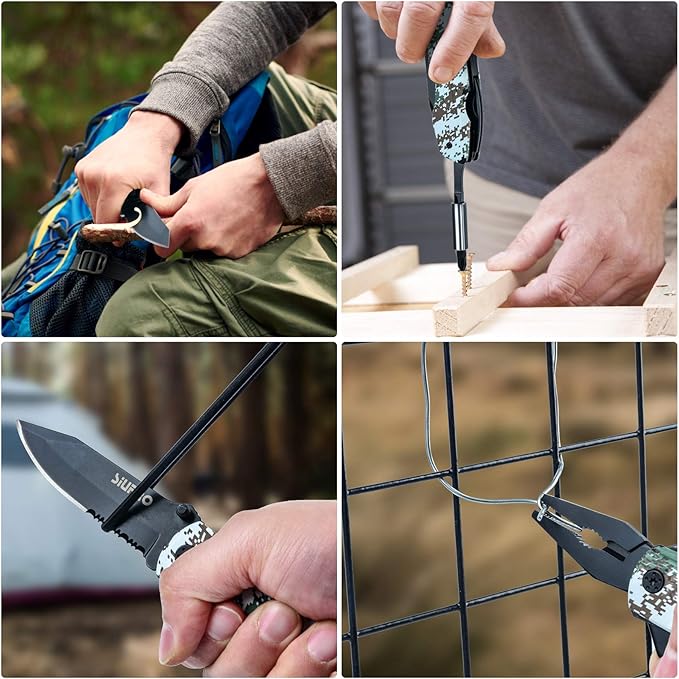 Multitool Pocket Knife Set for Men, Multipurpose 9-in-1 screwdriver kit, Multi Tool Pliers with Nylon Sheath for Camping, Christmas Stocking Stuffers Gifts for Dad Husband, Camo