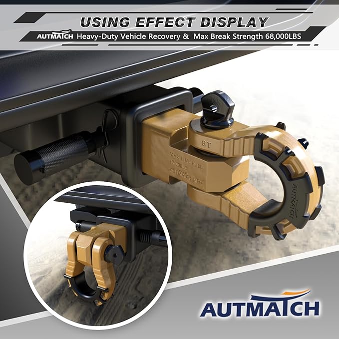 AUTMATCH Shackle Hitch Receiver 2" with 3/4" Mega D Ring Shackle and 5/8" Trailer Hitch Lock Pin, 68,000 Lbs Break Strength Heavy Duty Receiver Towing Kit for Off-Road Vehicle Recovery, Gold