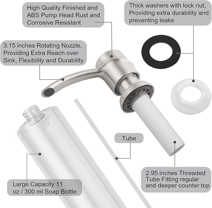 SAMODRA Soap Dispenser for Kitchen Sink, Lotion Dispenser Pump for Kitchen Sink, Brushed Nickel ABS Pump with with 11 OZ Bottle (Brushed Nickel)