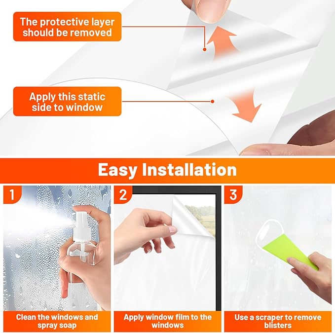 Privacy Window Film Total Blackout Cover, 100% Light Blocking Window Tint Static Cling Sun Blocking Heat Control, Anti UV Scratch Resistant for Home Office (Whiteout, 24in x 6.5ft)