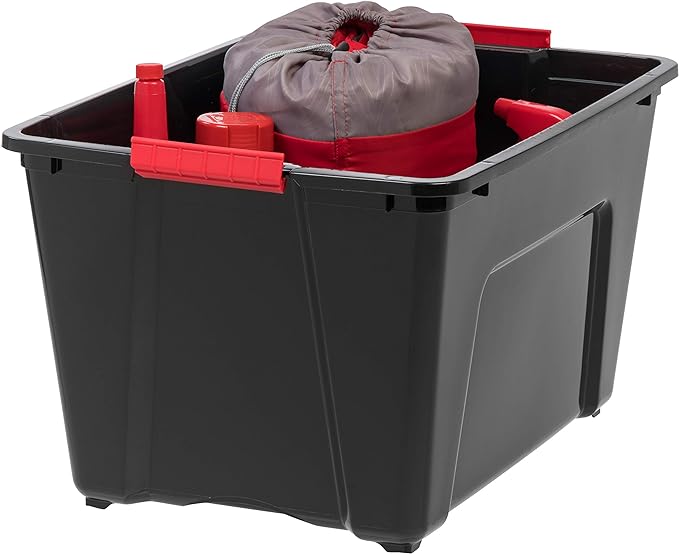 IRIS USA 54 Qt Stackable Plastic Storage Bins with Lids, 4 Pack - BPA-Free, Made in USA - Garage Organizing Solution, Latches, Durable Nestable Containers, Secure Pull Handle - Black