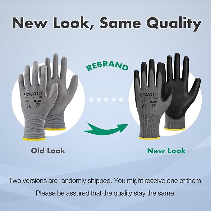 KAYGO Safety Work Gloves PU Coated, 60 Pairs KG11PB, Seamless Knit Glove with Polyurethane Coated Smooth Grip on Palm & Fingers, for Men and Women (Large, Gray)