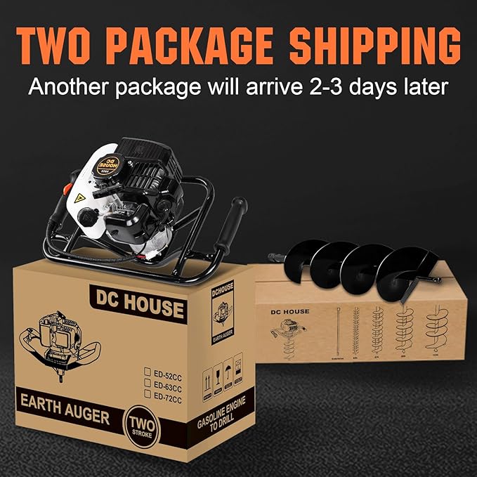 DC HOUSE 52cc 1800W Gas Powered Earth Auger EPA Certified Post Hole Digger, with 2 Drill Bits 6" 10", Mixing Ratio 30:1, for Fence, Farmland and Garden