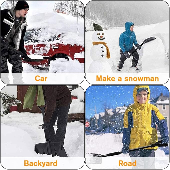 Snow Shovel, Upgrade Emergency Snow Shovel for Driveway with Aluminum Handle Large Capacity Lightweight and Adjustable Portable Survival Shovel for Home, Garden, Camping, Mud and Snowman(Black)