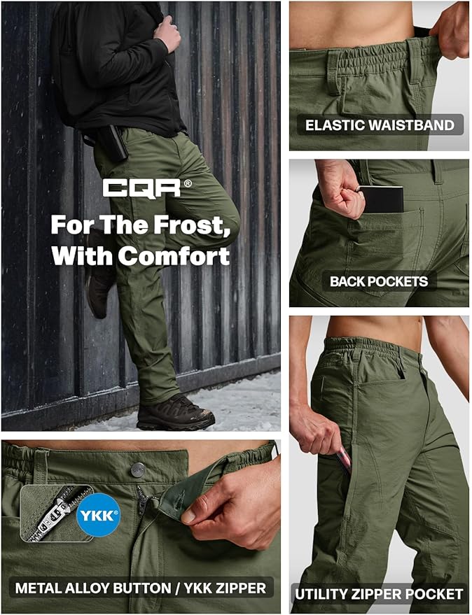 CQR Men's Winter Fleece Lined Pants, Water-Resistant Outdoor Stretch Work Pants, Windproof Casual Pants with Pockets