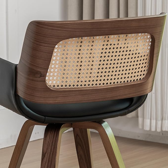 Set of 2 Mid Century Modern Dining Chairs - Rattan Dining Chairs with Curved Arms, Cane Back, Walnut Bentwood Frame, Faux Leather Seat, Versatile for Restaurant/Kitchen/Living Room (Walnut Black)