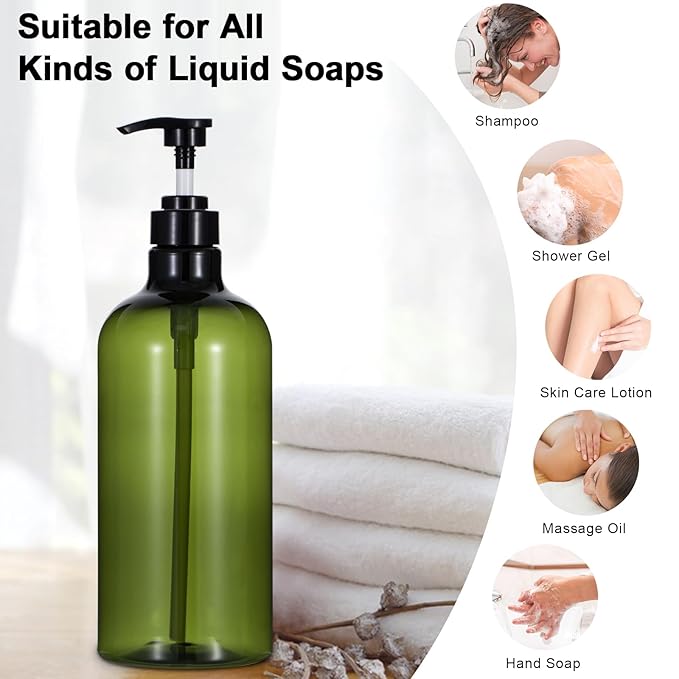 Yebeauty Pump Bottle Dispenser, 33.8oz 1000ml Refillable Shampoo Pump Bottles Empty Plastic Shower Soap Dispenser Large Liquid Containers for Conditioner Body Wash, Bathroom Kitchen, 2 Pack Green
