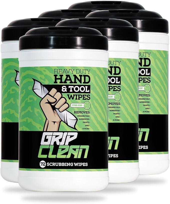 Grip Clean Heavy Duty Hand & Tool Cleaning Wipes β Waterless Hand Cleaner for Mechanics, Garage & Shop Use β Dual-Sided Grease, Oil & Paint Remover Wipes with Citrus Scent - 72ct (6 Pack)