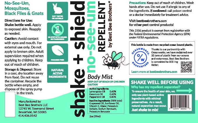 Best Bee Brothers Shake + Shield No-See-Ums Gnat Spray – Non-Greasy Bug Spray Body Mist Made with Plant-Based Ingredients, 2 Oz. (4 Pack)