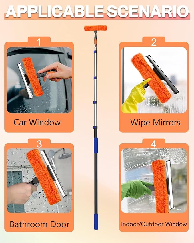 26FT Reach Window Squeegee for Window Cleaning Kit with 5-19 Foot Telescoping Extension Pole, 2 in 1 Window Squeegee, Cobweb Duster, Dust Kit Window Washing Kit for Car, Shower Glass Door