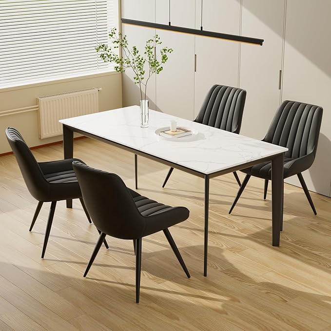 Dining Chairs Set of 4, Faux Leather Mid Century Modern Kitchen Chairs with Soft Cushion, Comfortable Upholstered Dining Room Chairs for Kitchen, Black