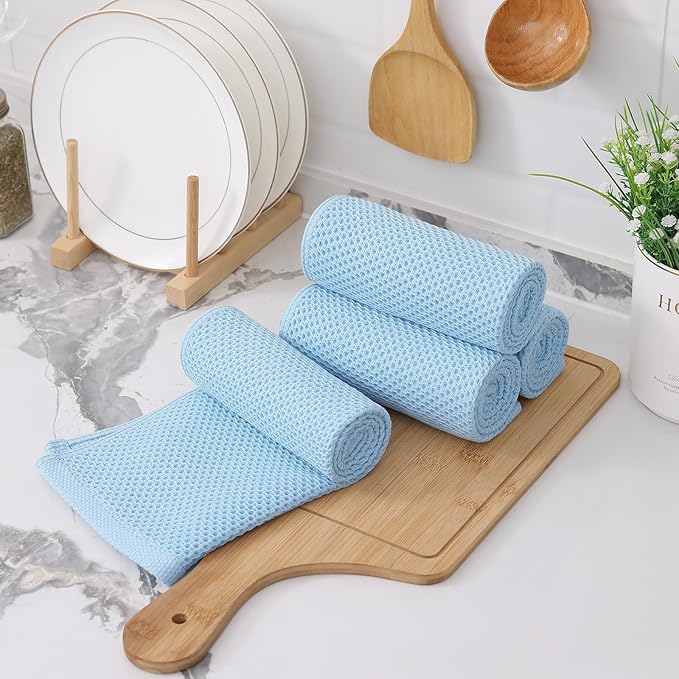 Kitinjoy 100% Cotton Waffle Weave Kitchen Towels (13 X 28 Inches, Sky Blue), 4-Pack Super Soft and Absorbent Dish Towels for Drying Dishes, Kitchen Hand Towels