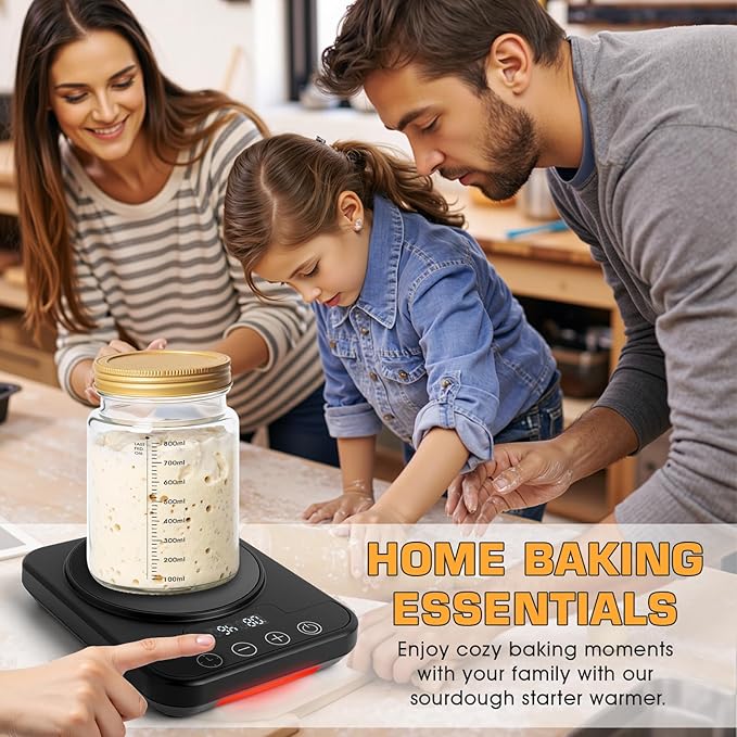 Sourdough Starter Warmer Mat, 12H Timer, Precise 1°F Thermostat Control (70-100°F) Warming Heating Pad, Smart Memory Warming On/Off, Fits Jars Up to 40oz, Perfect for Home Baking (Black)
