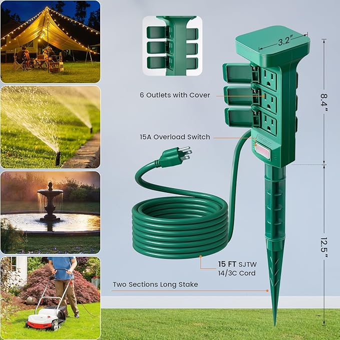 SURAIELEC Outdoor Power Stake Waterproof, 6 Grounded Outlets Power Strip Weatherproof, 15FT Extension Cord Outlet for Yard, Garden, Christmas Light, Patio Lights, Ponds, 1875W/15A, Green