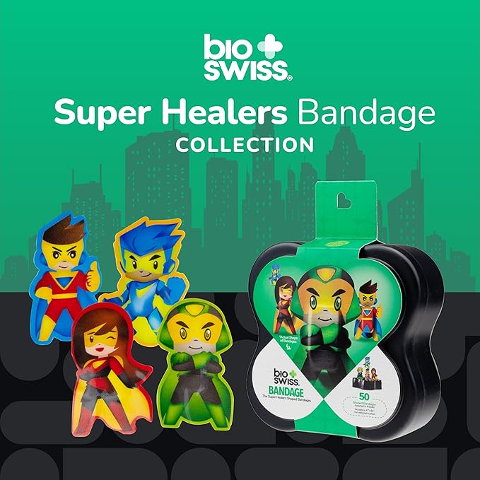BioSwiss Kids Bandages, Super Healers Superhero Shaped Self Adhesive Bandage Set, Latex Free, Sterile Wound Care, 50 Count